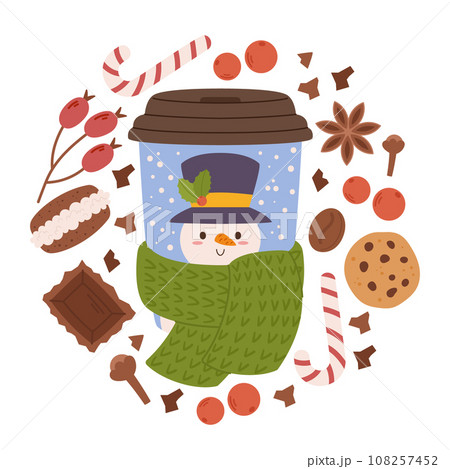 Christmas Coffee Joy In A Cup. Adorable Snowman Dons A Dapper Top Hat And Scarf, Spreading Holiday Cheer 108257452