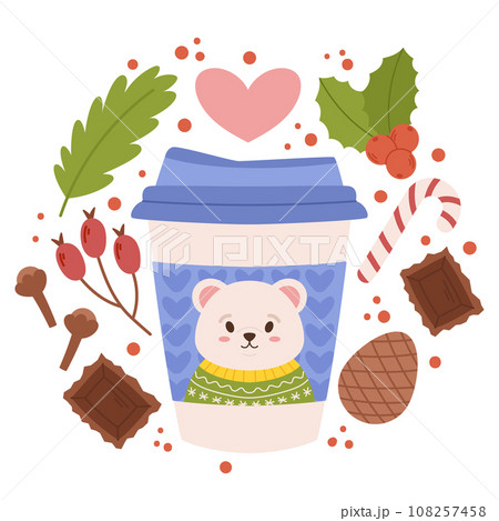 Wrap Your Warmth In Festive Cheer With Our Christmas Coffee Cup Adorned By A Cute Polar Bear, Cartoon Illustration Wrap Your Warmth In Festive Cheer With Our Christmas Coffee Cup Adorned By A Cute Polar Bear, Cartoon Illustration 108257458