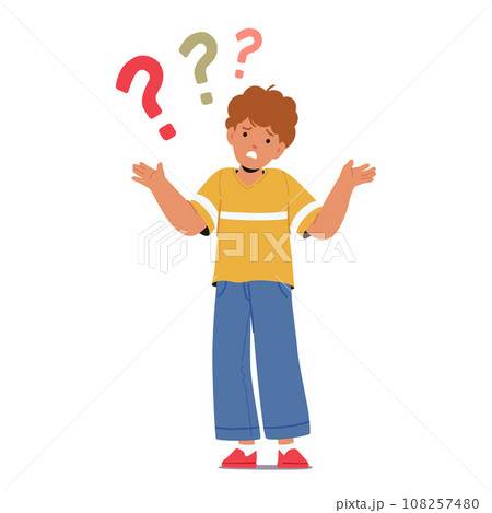 Bewildered Boy Stands With Question Marks Hovering Above His Head, Lost In A Sea Of Uncertainty. Little Curious Kid 108257480