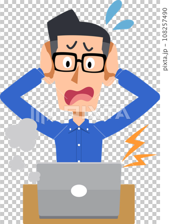 A man wearing glasses worries about his laptop malfunctioning 108257490