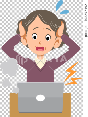 ノートパソンの故障に頭を抱える年配の女性 108257492