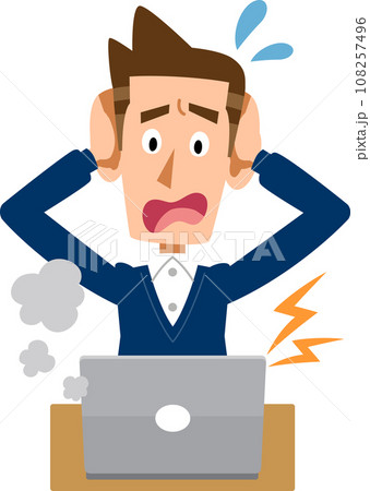 ノートパソンの故障に頭を抱える男性 108257496