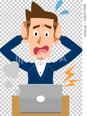 ノートパソンの故障に頭を抱える男性 108257496