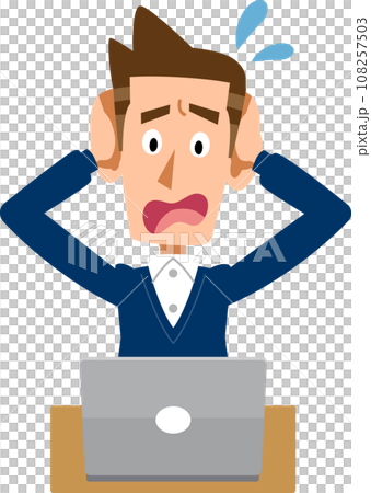 A man worries about a problem with his laptop 108257503