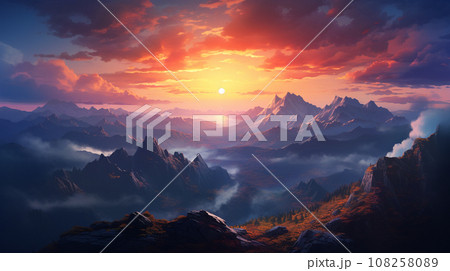 beautiful mountain view with sunset landscape...のイラスト素材 [108258089] - PIXTA