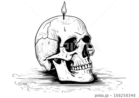 Scull with candle hand drawn ink sketch. Engraved style vector illustration. Scull with candle hand drawn ink sketch. Engraved style vector illustration. 108258348