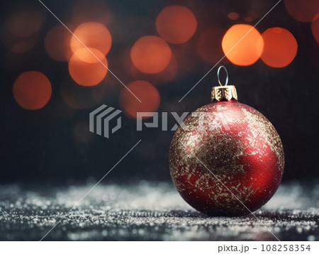 Close-up of a red Christmas tree toy decoration on a blurred bokeh background in winter Christmas scenery with copy space. Happy New Year's attributes, greeting card.  108258354