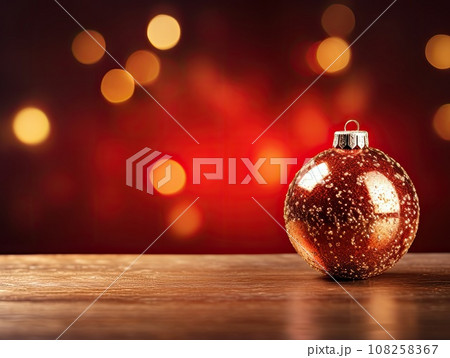 Close-up of a red Christmas tree toy decoration on a blurred bokeh background in winter Christmas scenery with copy space. Happy New Year's attributes, greeting card. Close-up of a red Christmas tree toy decoration on a blurred bokeh background in winter Christmas scenery with copy space. Happy New Year's attributes, greeting card. 108258367