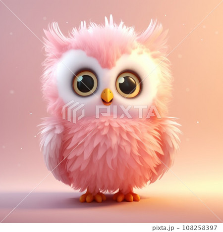 Cute pink violet fluffy pastel happy owl with big eyes standing and looking at the camera. Cartoon style character bird on pastel pink background. Cute pink violet fluffy pastel happy owl with big eyes standing and looking at the camera. Cartoon style character bird on pastel pink background. 108258397