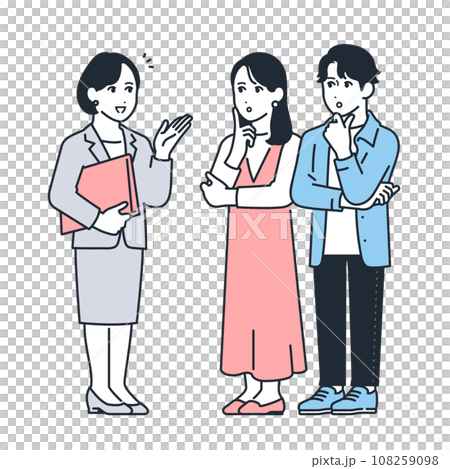 女性プランナーから説明を受ける若い男女のシンプルな全身イラスト素材 女性プランナーから説明を受ける若い男女のシンプルな全身イラスト素材 108259098