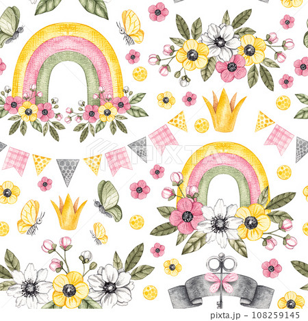 Watercolor seamless pattern with butterflies, flowers, rainbow 108259145