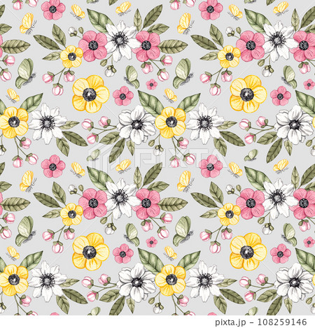 Watercolor seamless pattern with butterflies, flowers Watercolor seamless pattern with butterflies, flowers 108259146