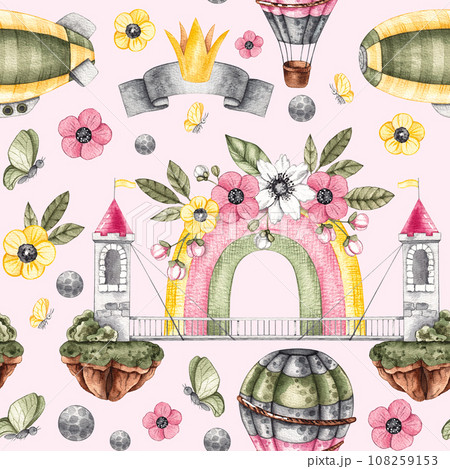 Watercolor seamless pattern with cute flowers, air castle, balloon, rainbow Watercolor seamless pattern with cute flowers, air castle, balloon, rainbow 108259153