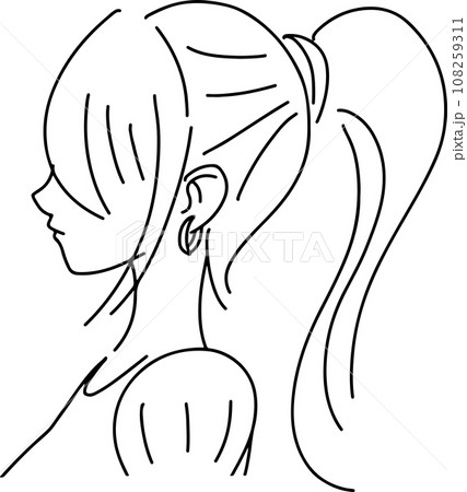 おしゃれなポニーテールの女性の横顔線画イラストのイラスト素材