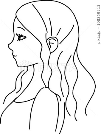 おしゃれなウエーブ髪女性の横顔線画イラスト 108259313
