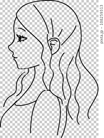 おしゃれなウエーブ髪女性の横顔線画イラスト 108259313