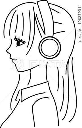 おしゃれなヘッドホンをした女性の横顔線画イラスト おしゃれなヘッドホンをした女性の横顔線画イラスト 108259314
