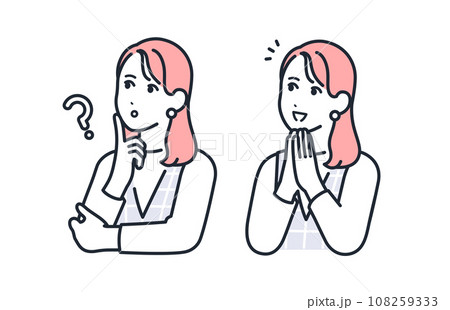 考える表情と笑顔で喜ぶ表情のおしゃれな若い女性のシンプルなベクターイラストセット素材 考える表情と笑顔で喜ぶ表情のおしゃれな若い女性のシンプルなベクターイラストセット素材 108259333