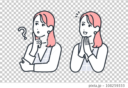 A simple vector illustration set of a stylish young woman with a thinking expression and a smiling and happy expression. 108259333