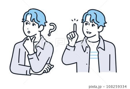 考える表情と笑顔で喜ぶ表情のカジュアルな服装の若い男性のシンプルなベクターイラストセット素材 108259334