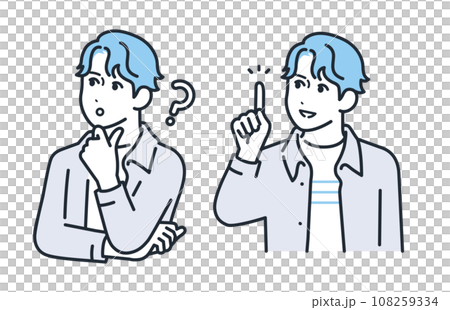 A simple vector illustration set material of a young man in casual clothes with a thinking expression and a smiling and happy expression. 108259334