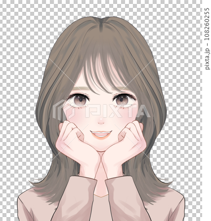 A woman with semi-long hair puts her hand on her cheek A woman with semi-long hair puts her hand on her cheek 108260255