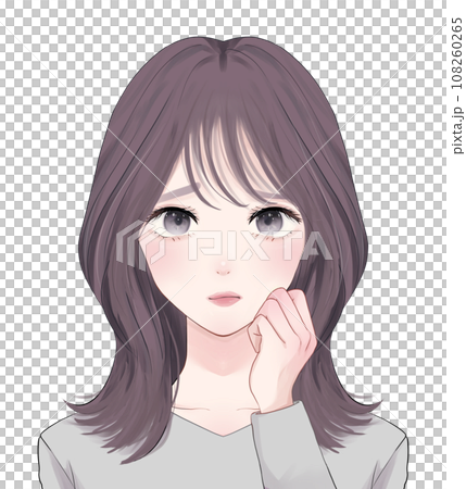 Woman with semi-long hair, troubled face Woman with semi-long hair, troubled face 108260265