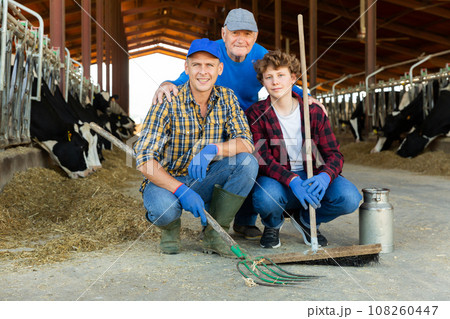 Continuity of generations - portrait of farmers of different ages against the backdrop of cowshed 108260447