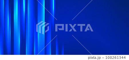 Glowing gradient lines background. Blue neon light stripes wallpaper. Abstract motion effect trails backdrop for banner, poster, presentation, cover, booklet, brochure, flyer. Vector tech illustration 108261344