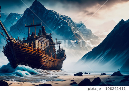 山に打ち上げれたの方舟　AI生成画像 108261411