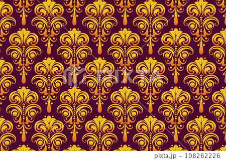 Yellow Damask Pattern with Stylized Floral Motif on Deep Red Background 108262226