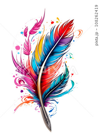 quill feather pen drawing a colorful line vivid color, fantasy s 108262419