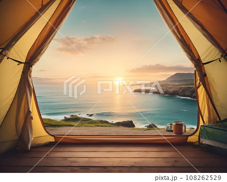 Point of view camping tent facing on the beach with sunlight 108262529