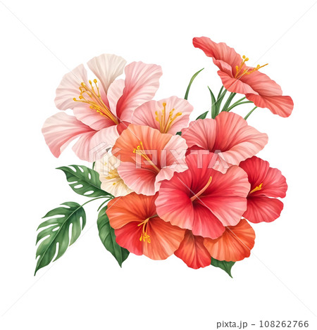 Watercolor set of pink and red hibiscus flowers 108262766