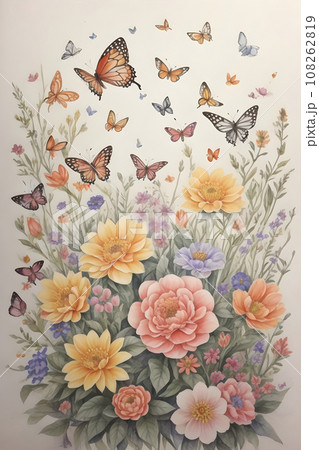 watercolor painting flowers and butterflies with small creatures 108262819