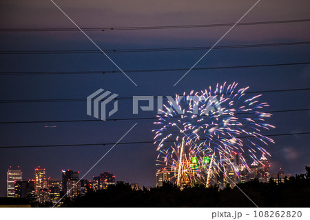 日本の東京都市景観4年ぶり多摩川花火大会。第45回世田谷区たまがわ花火大会の会場側・奥に都庁＝21日 108262820