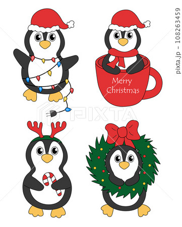 Set of cartoon Christmas and New Year Penguin characters. Cute Penguins in cup, garland, candy cane, Deer Antler Headband, wreath. Vector flat illustration. Set of cartoon Christmas and New Year Penguin characters. Cute Penguins in cup, garland, candy cane, Deer Antler Headband, wreath. Vector flat illustration. 108263459