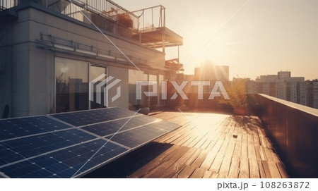 Modern house with solar panels on the rooftop with sunset on the background. Generative AI Modern house with solar panels on the rooftop with sunset on the background. Generative AI 108263872