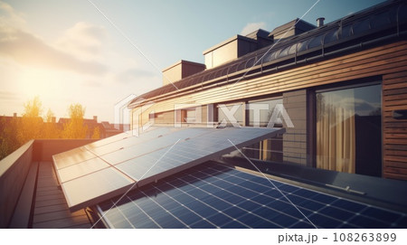 Modern house with solar panels on the rooftop with sunset on the background. Generative AI 108263899