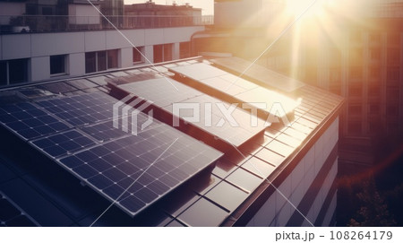 Modern house with solar panels on the rooftop with sunset on the background. Generative AI 108264179