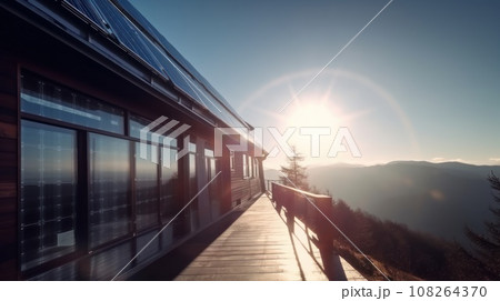 eco-friendly house with solar panels on the roof surrounded by green nature. Generative AI 108264370