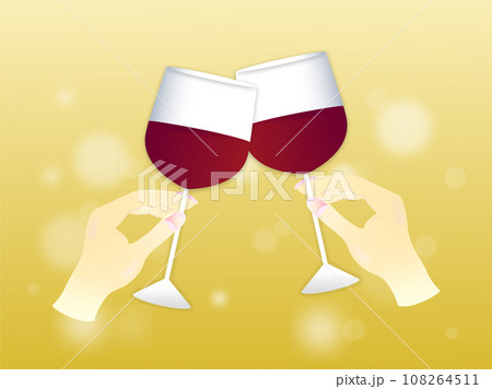 赤ワインで乾杯する人の手とキラキラ輝くゴールドの背景 赤ワインで乾杯する人の手とキラキラ輝くゴールドの背景 108264511