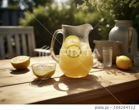 Fresh citrus lemonade with limes and lemons in jar on the table in the garden. Generative AI 108264512