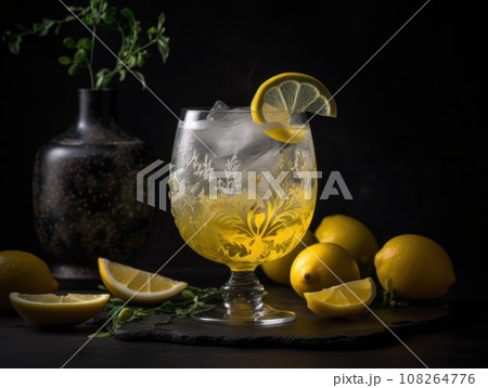 Citrus lemonade water with lemon sliced on the table. Generative AI Citrus lemonade water with lemon sliced on the table. Generative AI 108264776