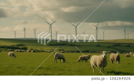 Sheep grazing near wind turbines on the mountain. Generative AI Sheep grazing near wind turbines on the mountain. Generative AI 108264926