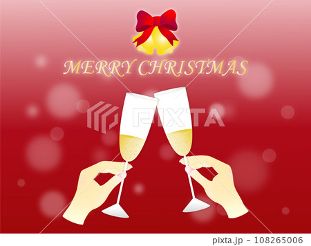シャンパンで乾杯する人の手とキラキラ輝く赤いクリスマスの背景 108265006