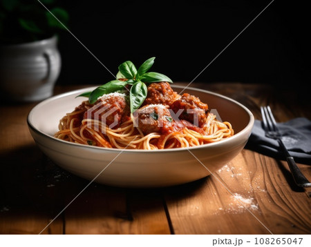 Spaghetti pasta with meatballs and tomato sauce on wooden table. Generative AI 108265047