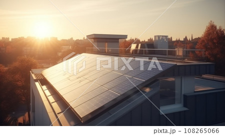 Modern house with solar panels on the rooftop with sunset on the background. Generative AI 108265066