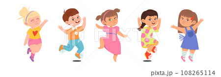 Happy Kid Character Jumping with Joy Vector Set Happy Kid Character Jumping with Joy Vector Set 108265114