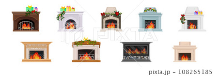 Various Fireplace with Fire in the Hearth Vector Set 108265185